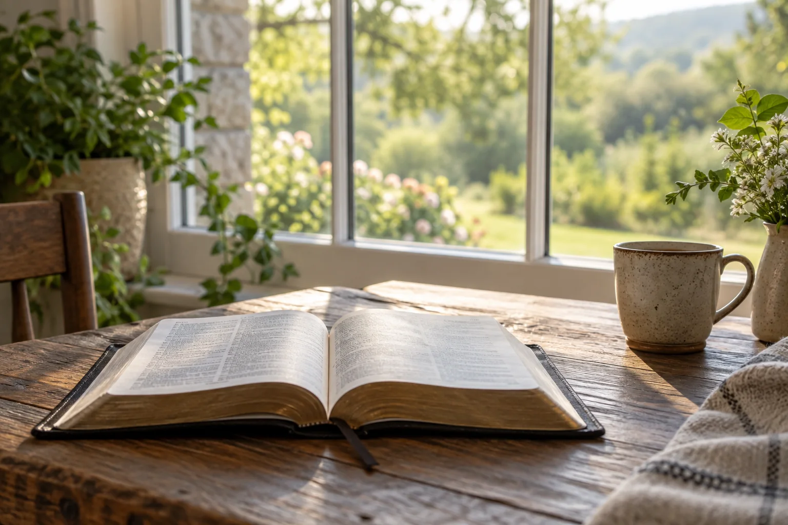 An open Bible in warm window light