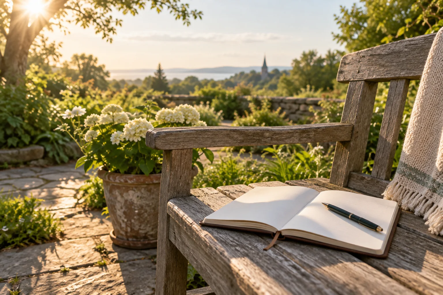 An open devotional journal in a sunlit garden