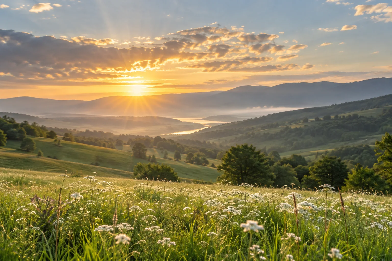 Sunrise over a meadow of white wildflowers