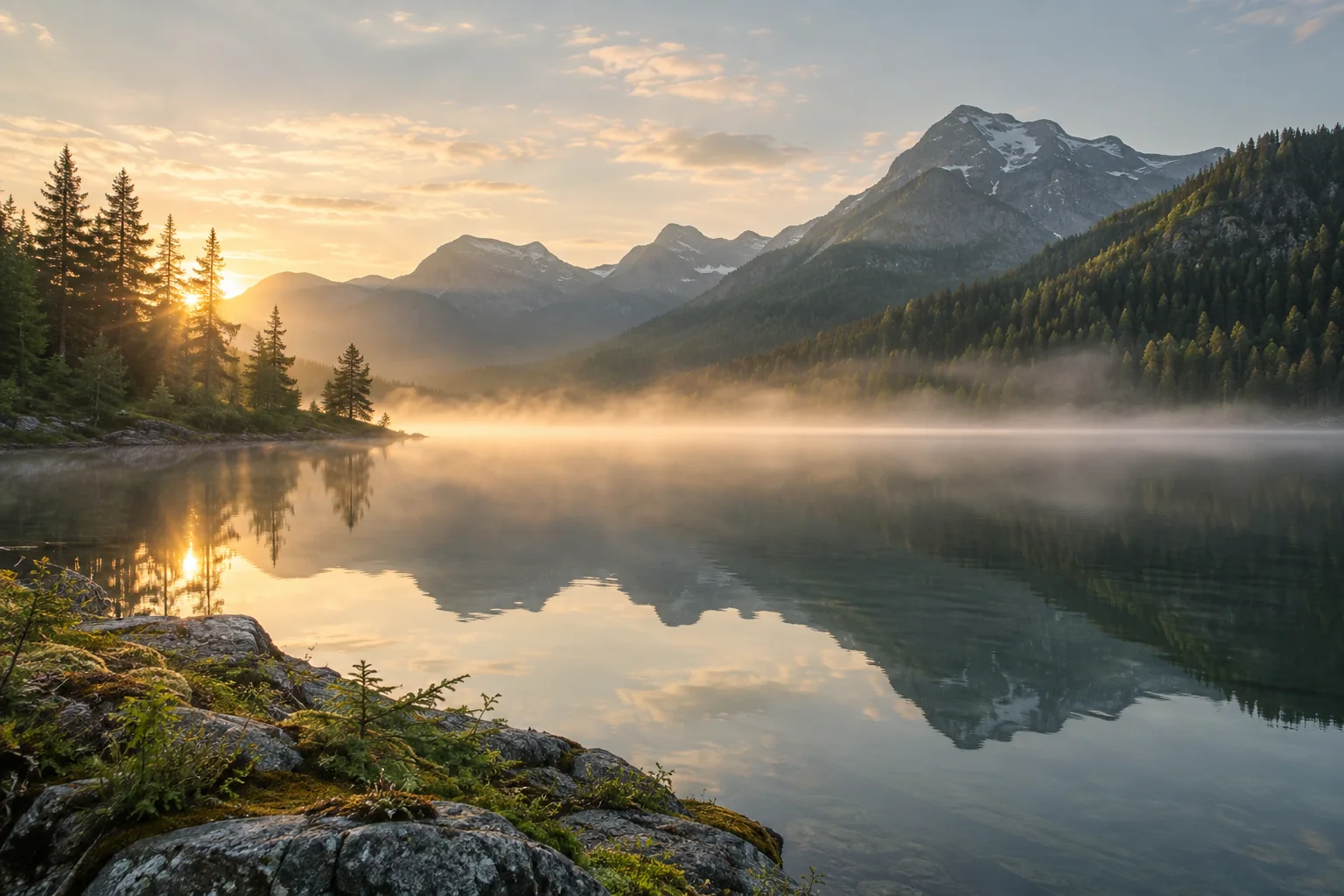A still mountain lake in soft morning light