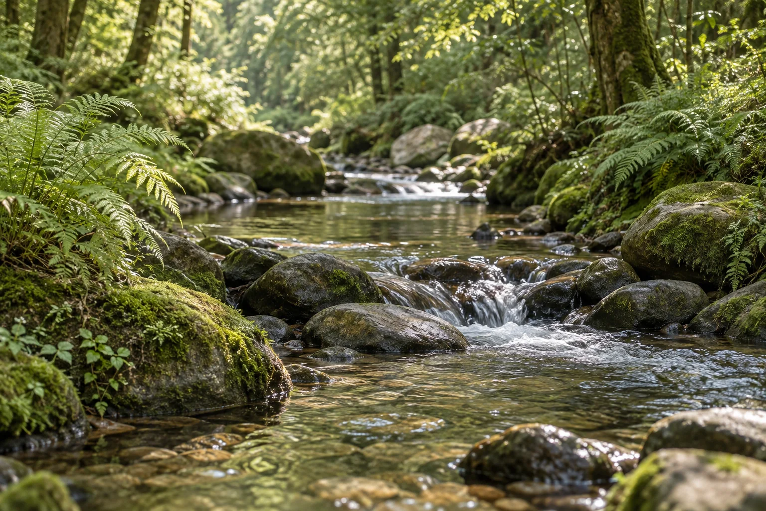 A quiet woodland stream flowing over smooth stones