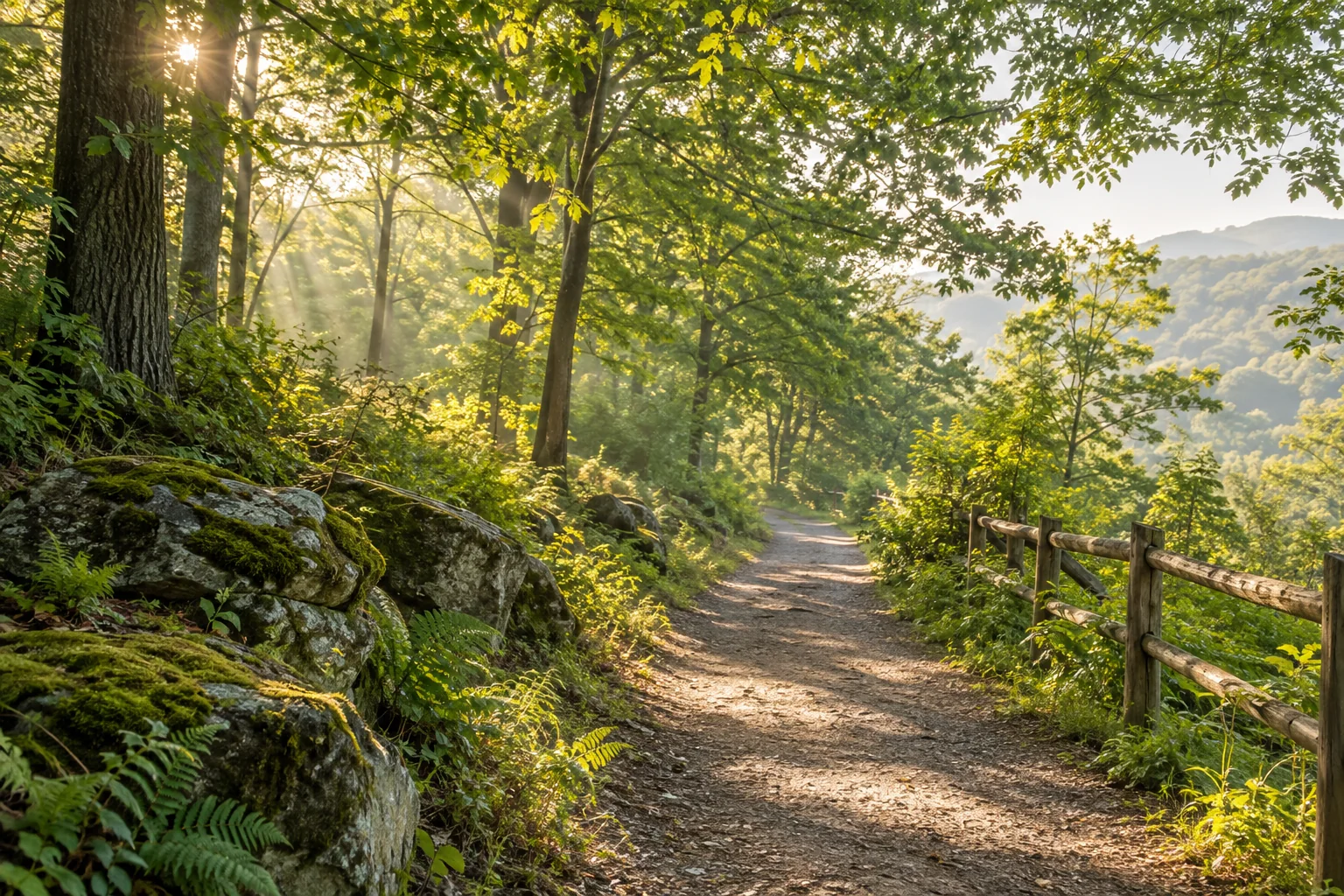 Morning sunlight on a peaceful woodland path